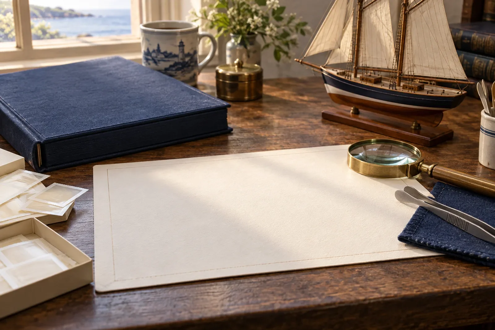 Illustrative collector workspace with a navy album, stamp tongs and a model schooner