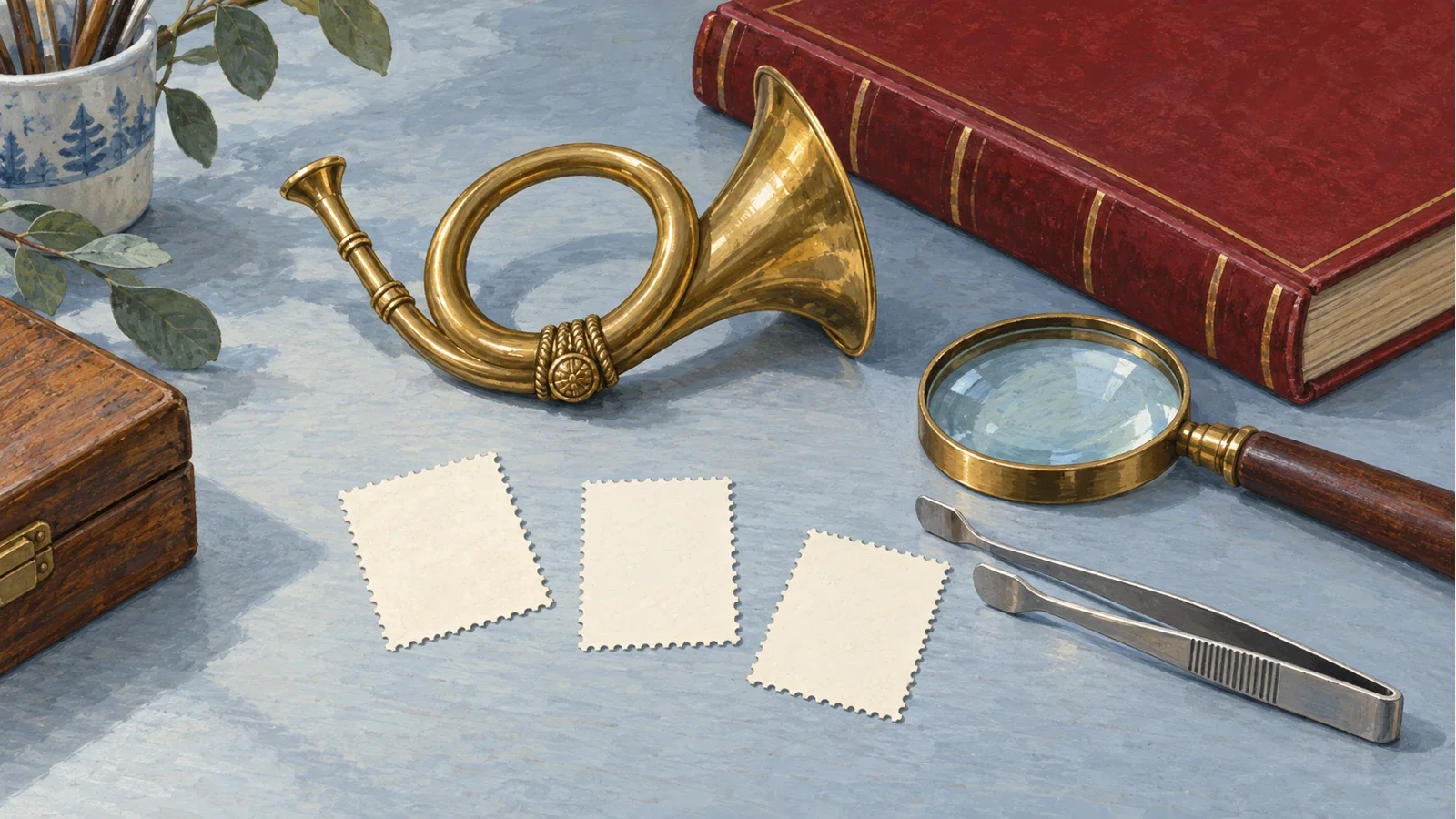 Generated collector-desk illustration with brass postal horn, red album and blank perforated paper, not genuine stamp specimens