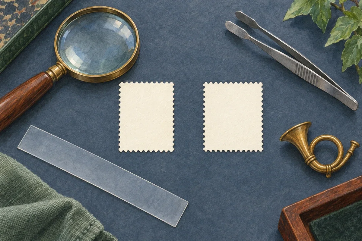 Generated illustration of blank perforated paper, stamp tongs, magnifier, unmarked ruler and a loose brass postal horn