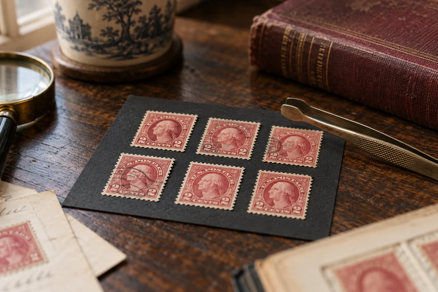 Collector illustration with red Washington-style portrait stamps on an archival card