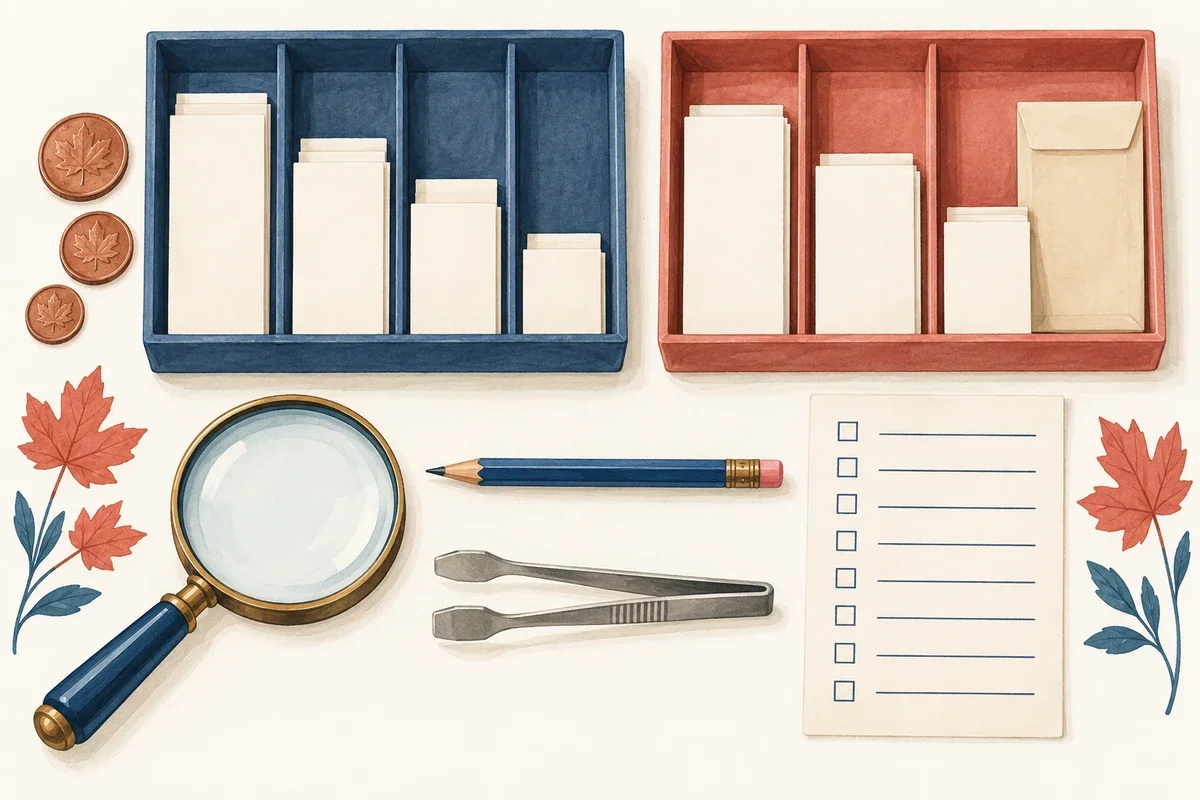 Generated illustration of separate blue and rose archival trays with blank slips, coins, an envelope and an empty condition checklist