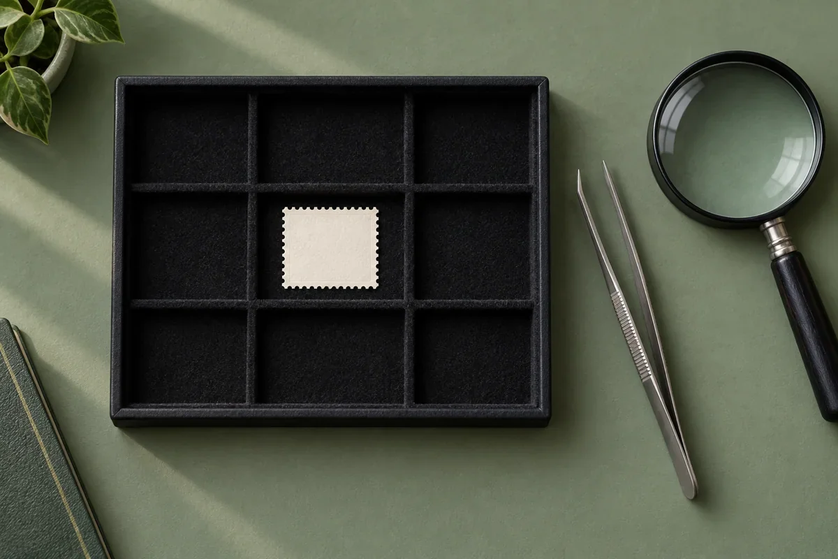 Generated illustration of blank perforated paper in a dry black tray beside tongs and a magnifier