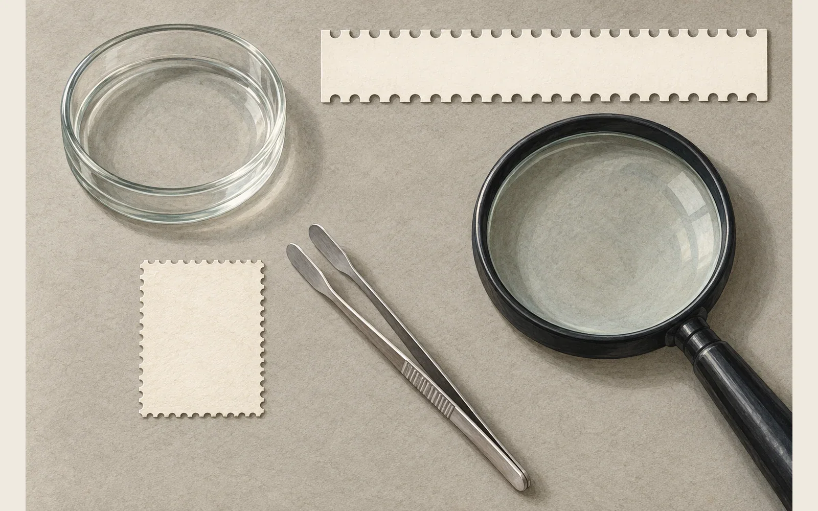 Generierte Illustration mit leerem Papier, Briefmarkenpinzette und Lupe am Prüfplatz eines Sammlers