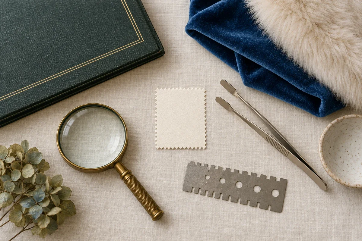 Generated collector desk with blank perforated paper, album, magnifier, tongs, abstract gauge and blue velvet with cream fur-like fabric