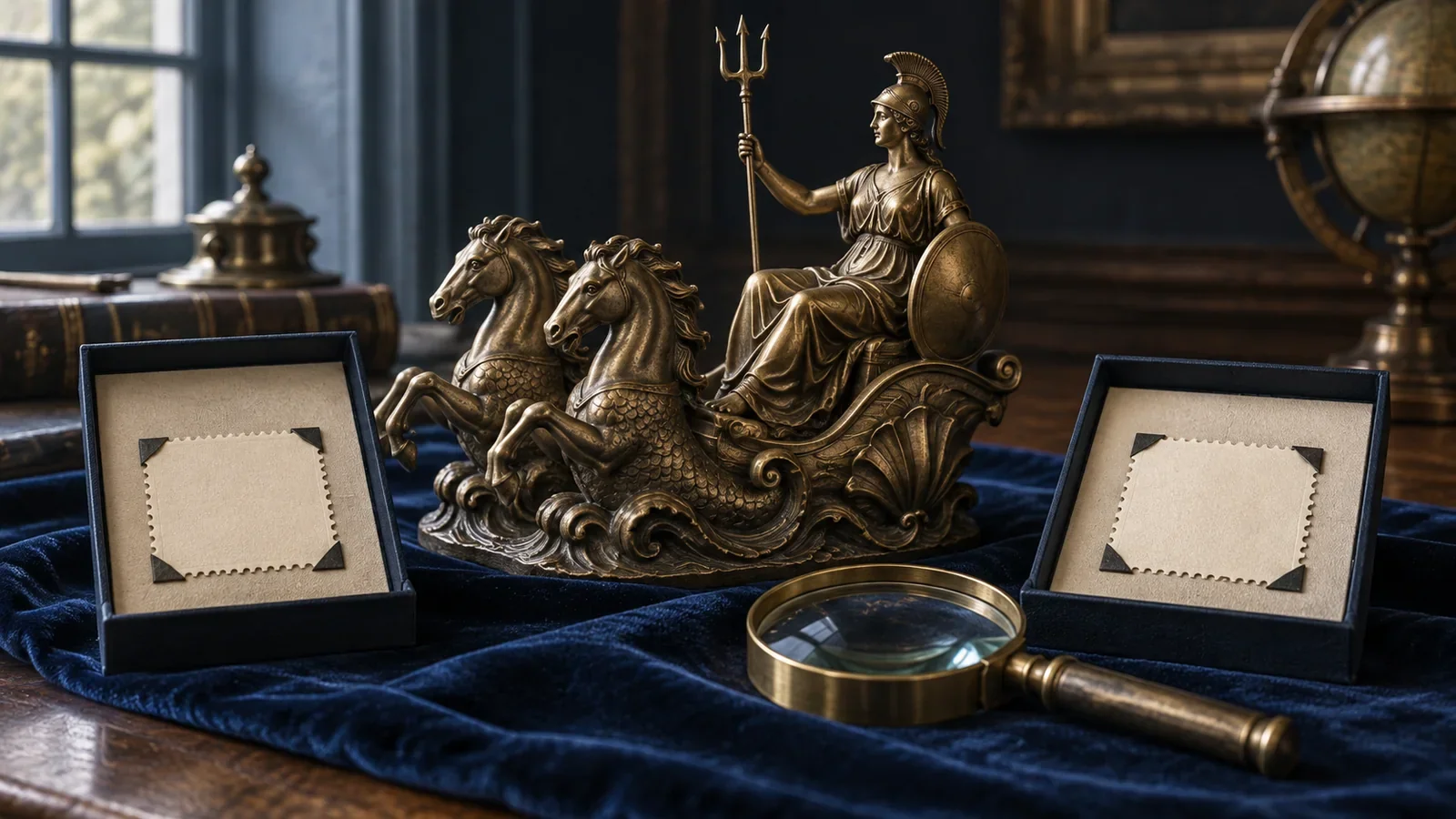Original illustration of a bronze Britannia sea chariot and blank perforated paper on navy velvet, not genuine stamp specimens