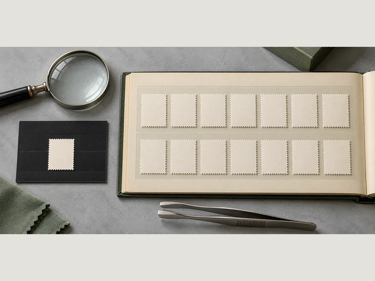 Illustration contrasting one blank perforated paper form with a stock page of blank forms, not genuine stamps