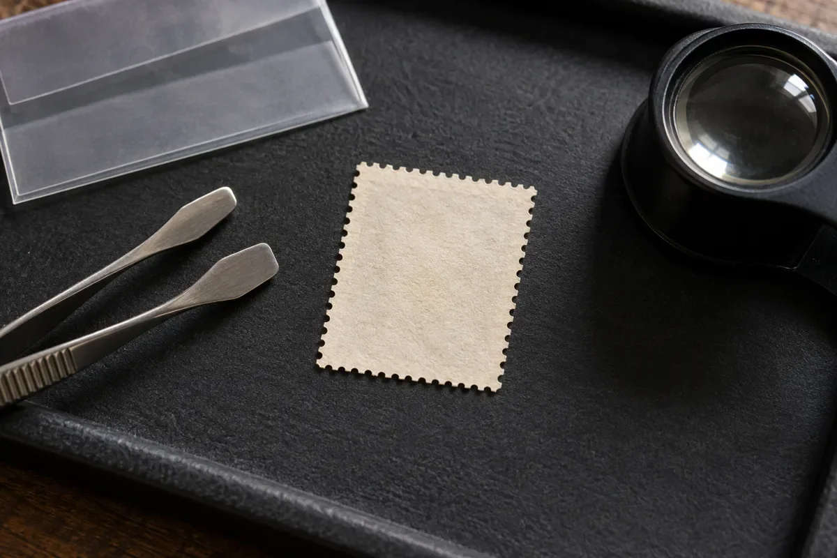 Illustration of a blank perforated paper reverse on an inspection tray beside stamp tongs