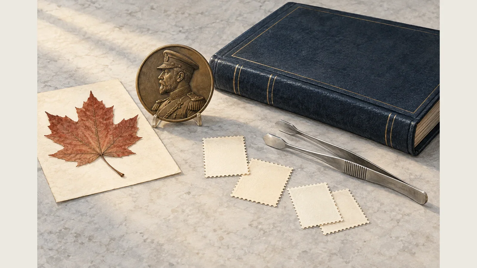 Original illustration of a naval portrait medallion, maple leaf, stockbook and blank perforated paper, not real stamps