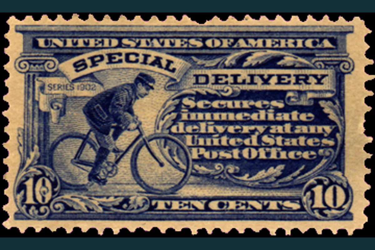 Véritable timbre américain bleu de dix cents avec messager à bicyclette à gauche et texte de livraison spéciale à droite