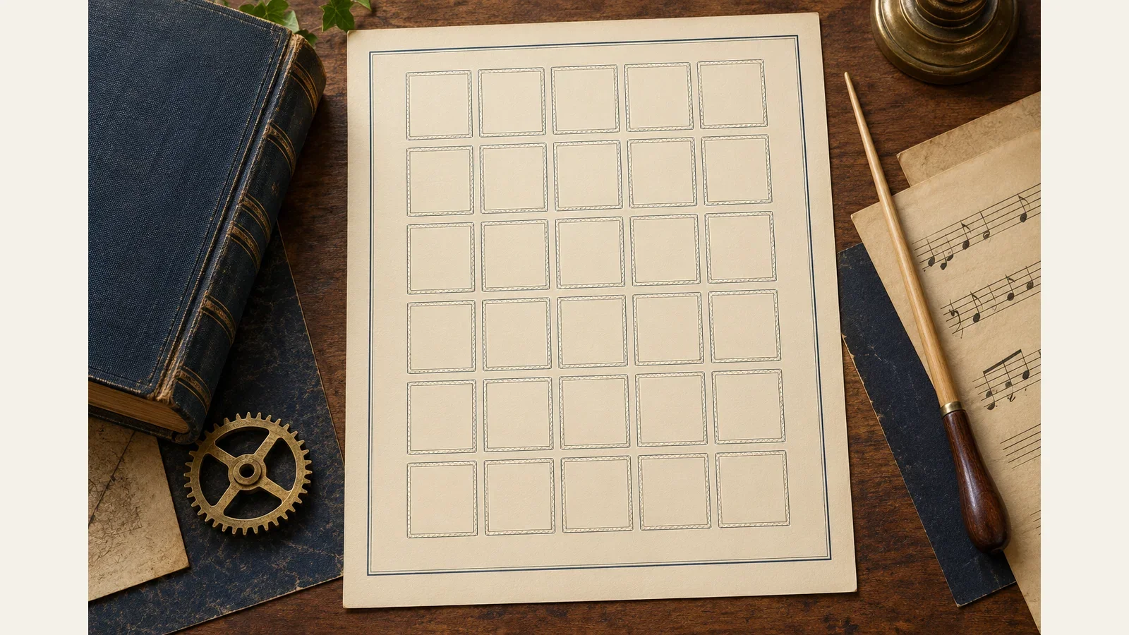 Generated editorial illustration of an empty album page with a book, cogwheel and musical score, without stamp specimens