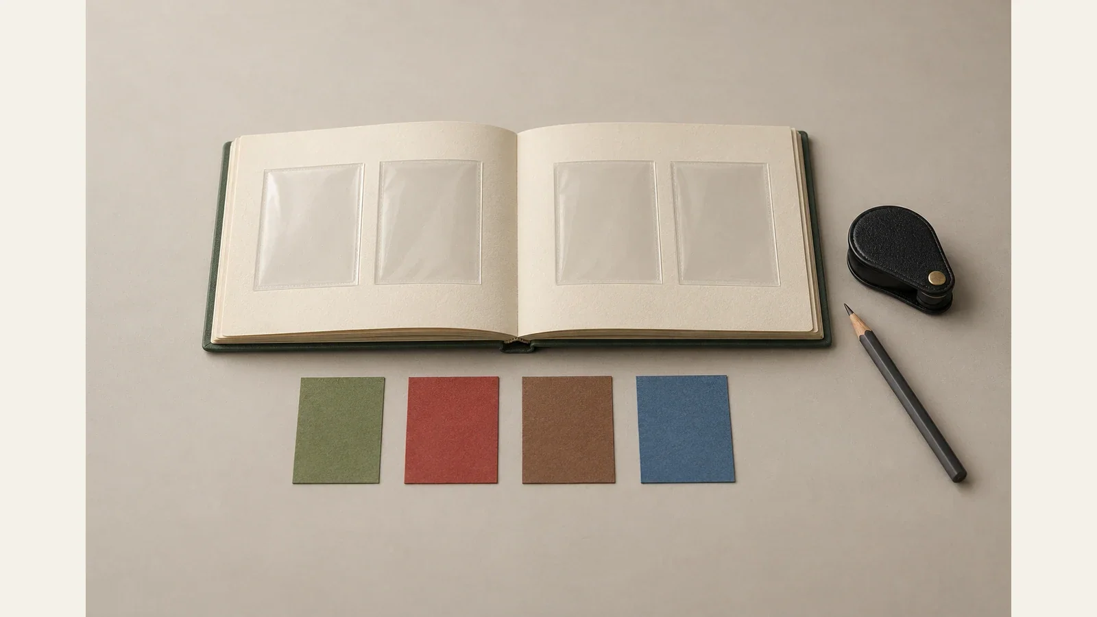Generierte Illustration eines offenen Einsteckbuchs mit leeren Taschen und unbedruckten grünen, roten, braunen und blauen Papierstücken, ohne historische Briefmarken