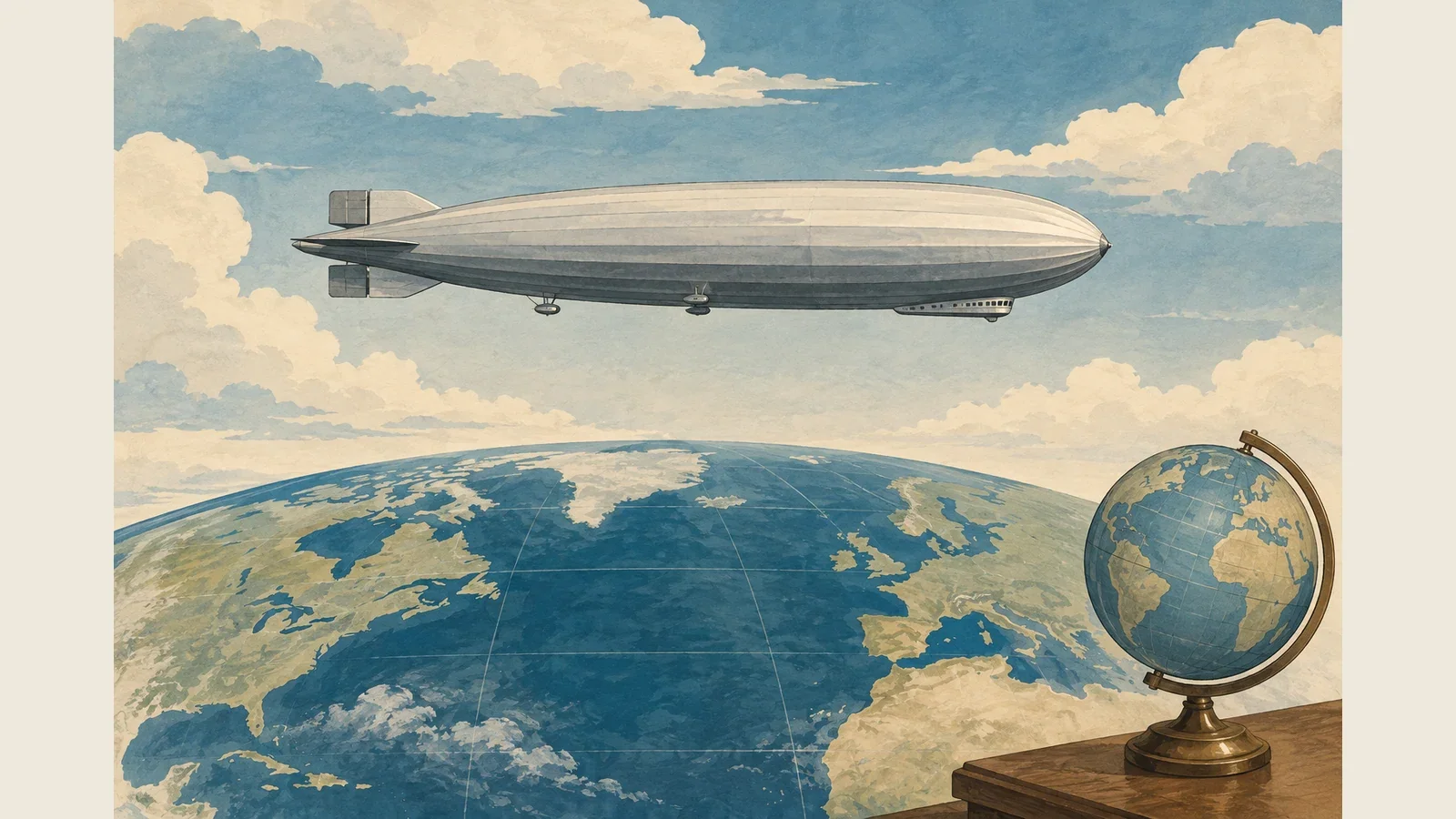Conceptual illustration of a silver airship above the Atlantic beside a globe, not a historical photograph