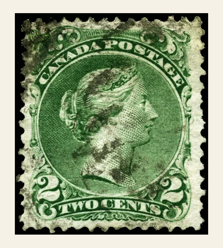 Echter Scan einer grünen kanadischen 2c Large Queen mit Victoria-Profil nach rechts und dunkler Entwertung