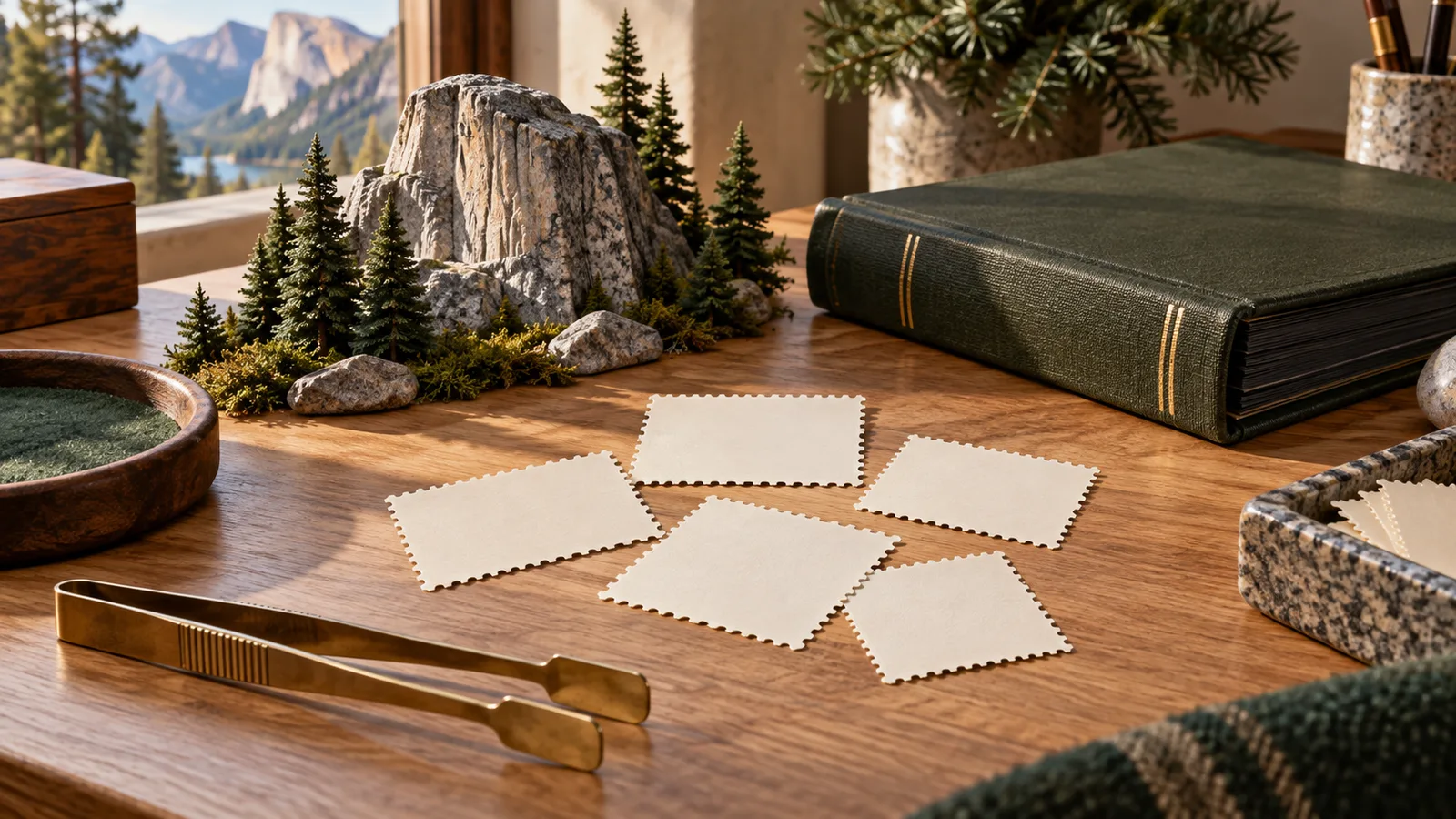 Generated illustration of a collector desk with miniature granite cliffs, evergreen trees, blank perforated paper and a closed stockbook