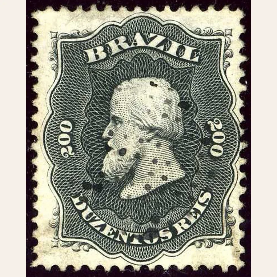 Genuine black Brazilian 200 réis Pedro II stamp scan with BRAZIL inscription, perforated edges and dotted mute cancellation