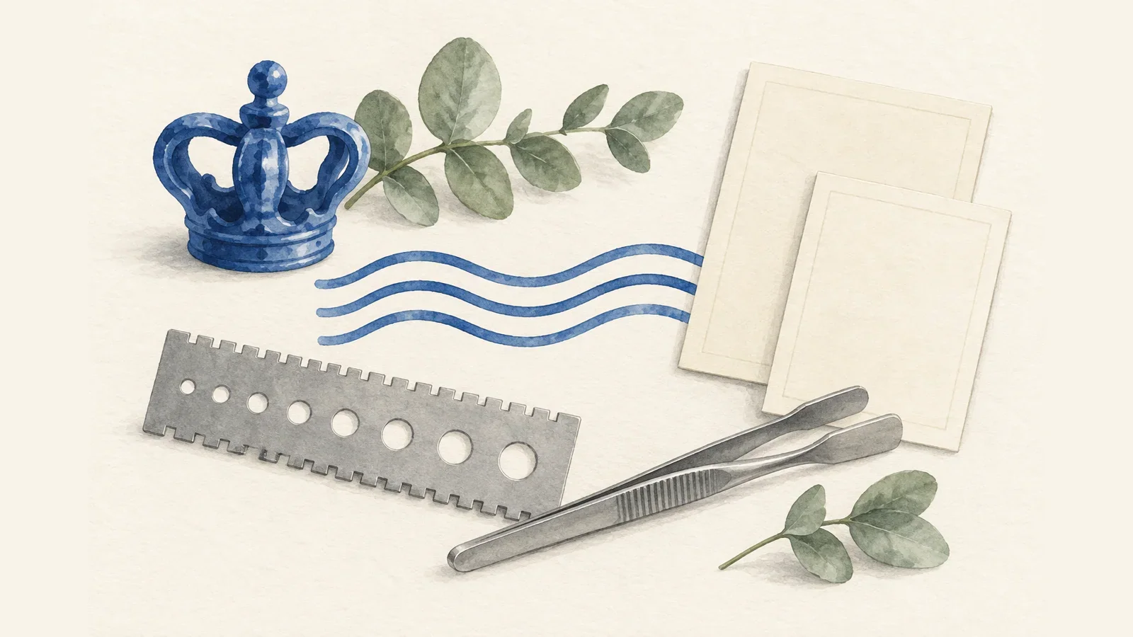 Generiertes Aquarell mit blauem Kronenornament, abstrakten Wellen, leeren Steckkarten, Zähnungsschlüssel und Pinzette, keine Markenbelege