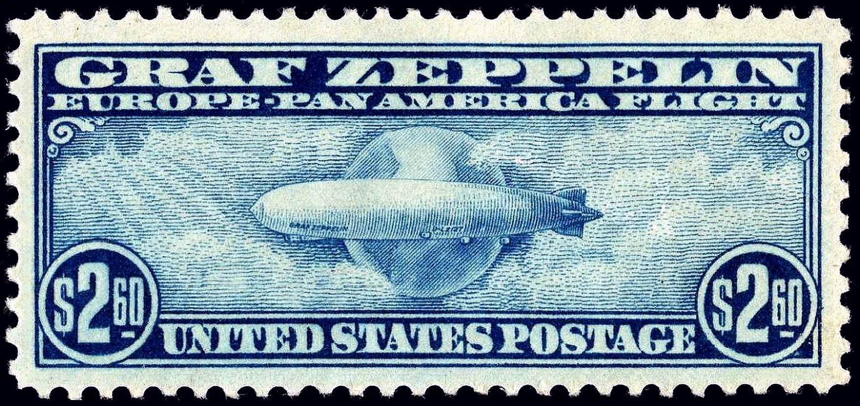 Genuine issue scan of the blue US $2.60 Graf Zeppelin stamp, showing the airship across a globe and all perforated edges