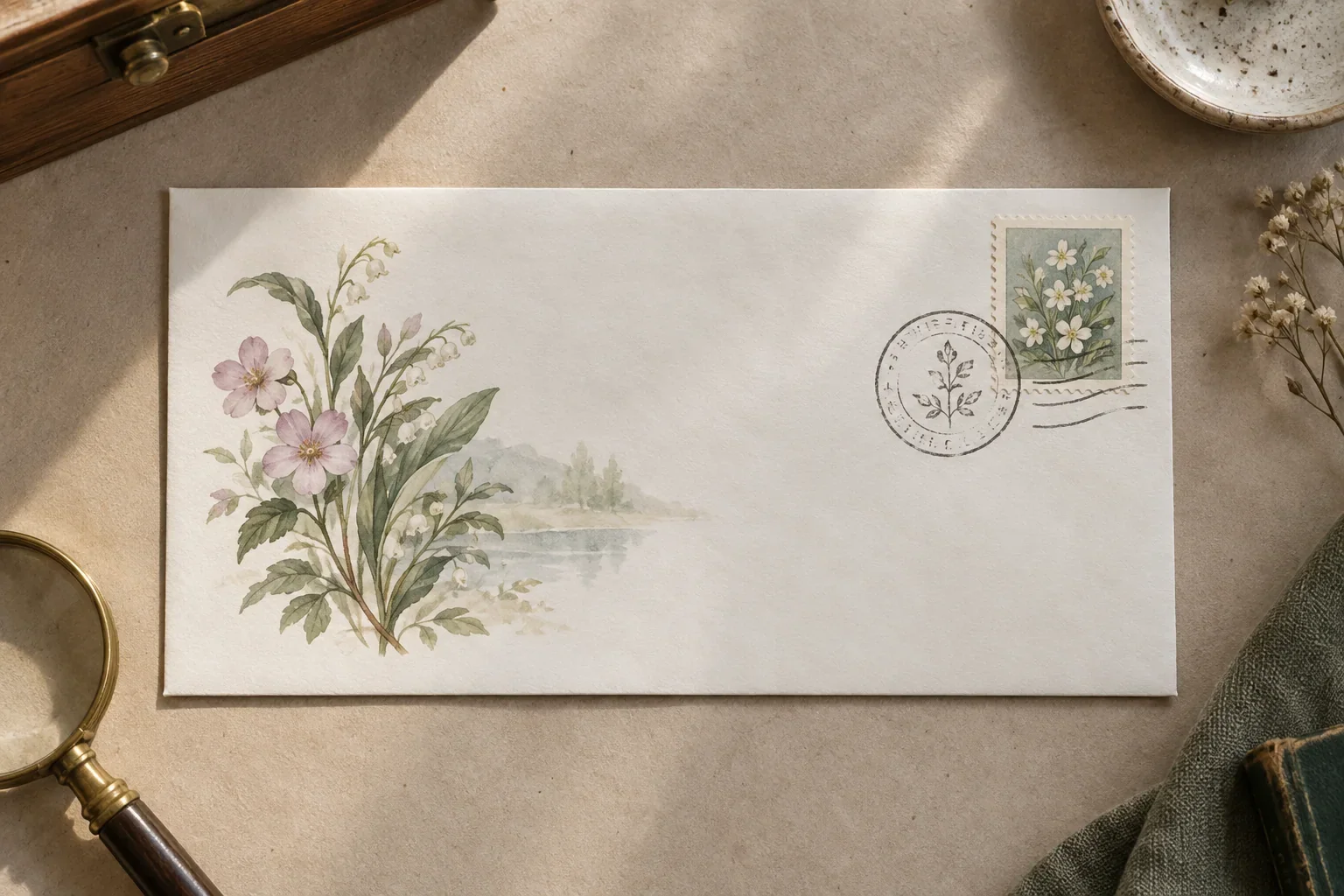 Complete fictional first day cover with botanical stamp, circular cancellation and painted floral cachet on a collector desk