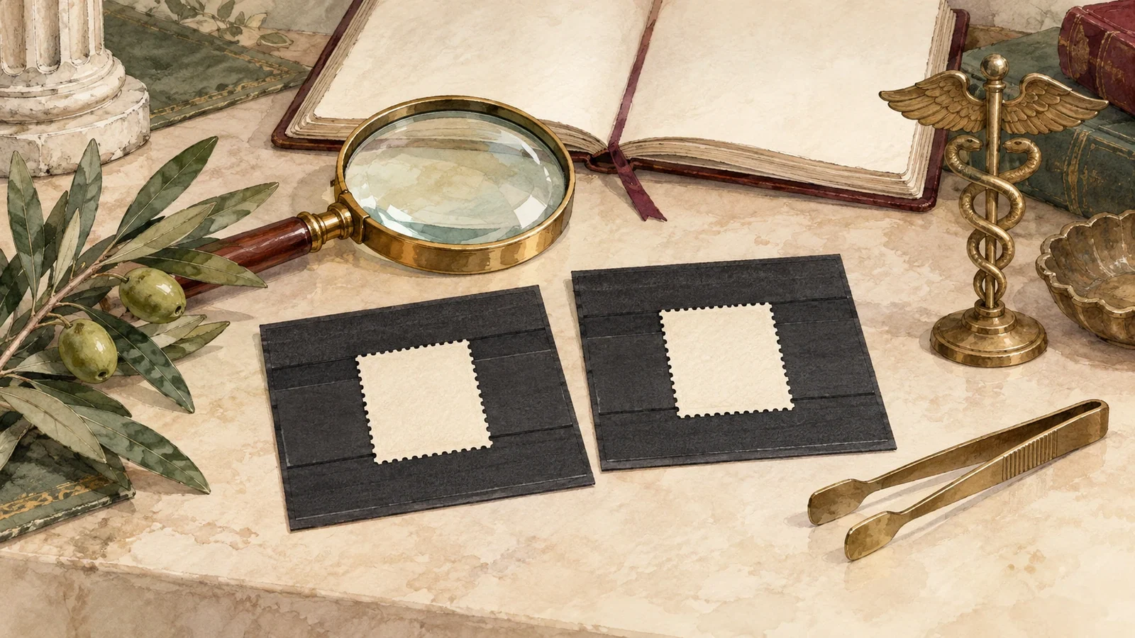 Generated watercolor of blank perforated paper, olive branch, bronze ornament and collector tools, not Sage specimens