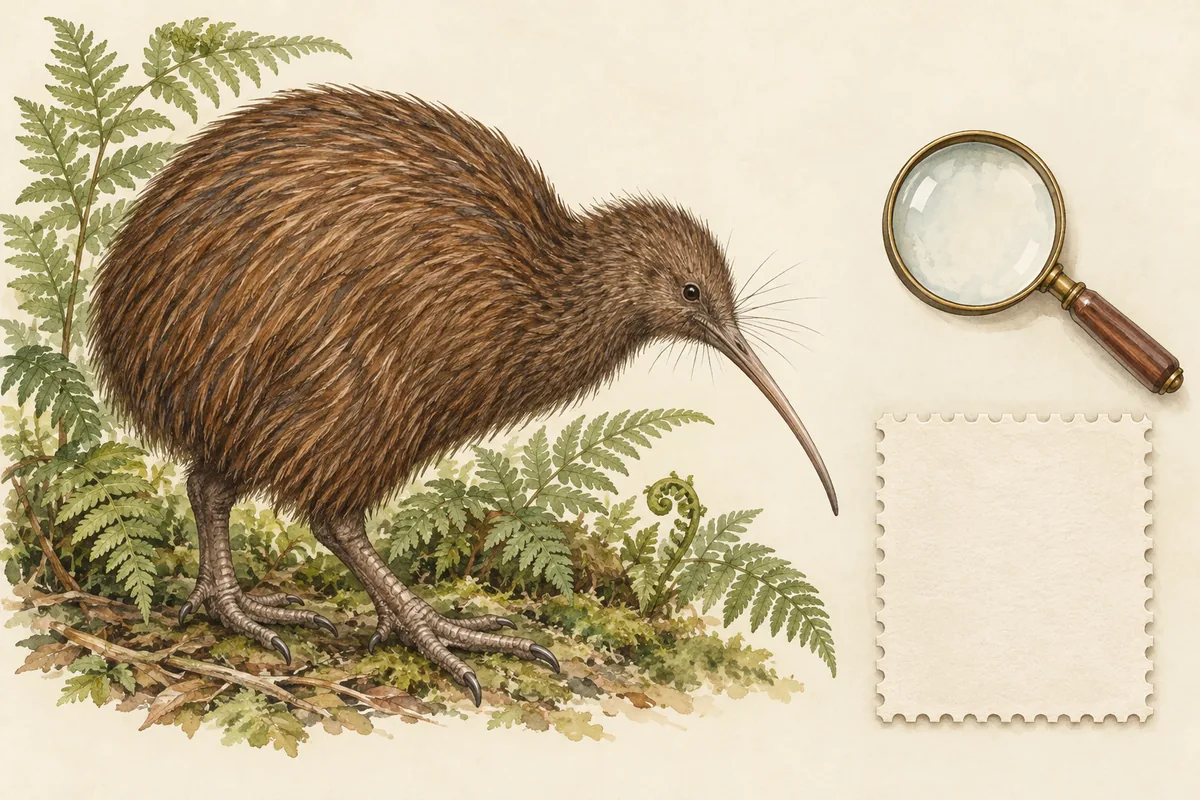 Generated illustration of a brown kiwi among ferns beside a magnifying glass and blank perforated paper