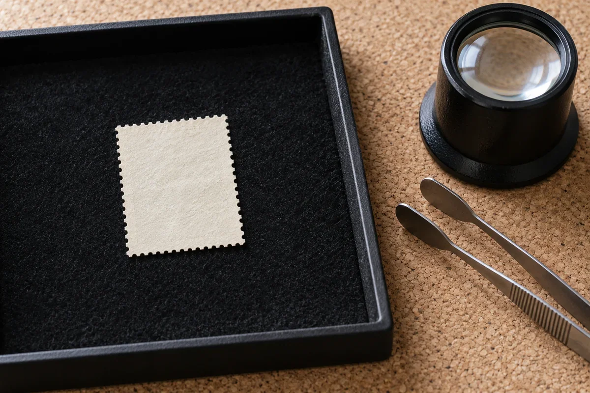 Illustration of blank perforated paper in a black dry inspection tray beside a magnifier and tongs