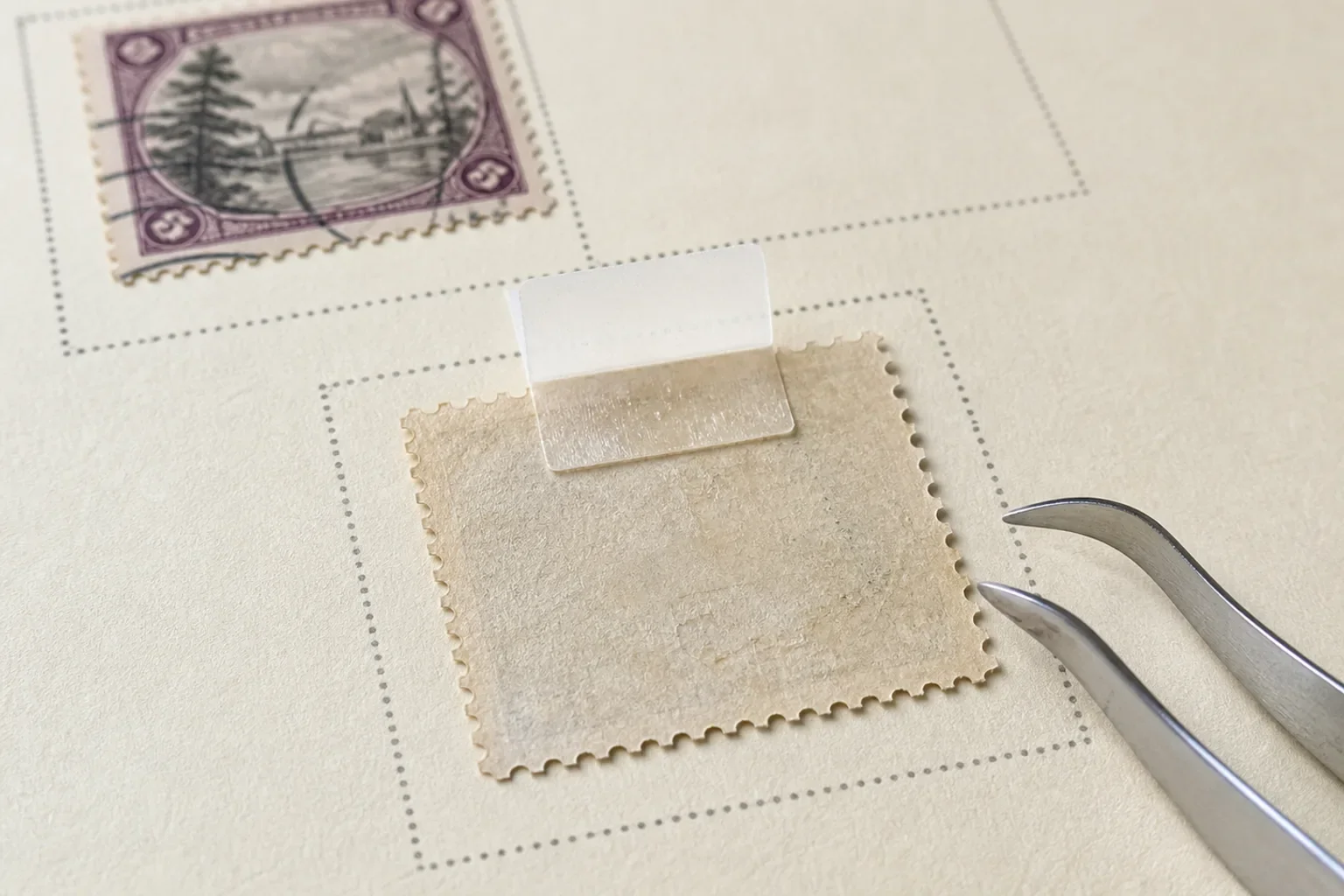 Reverse of a fictional used stamp showing a small folded glassine hinge below the upper edge