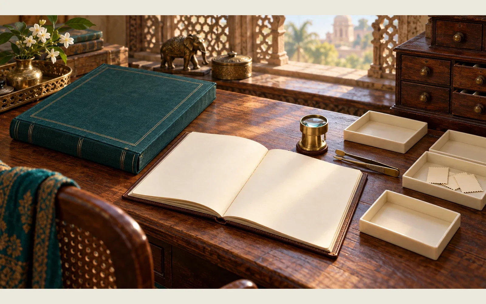 Editorial illustration of a blank notebook, teal album and collecting tools on a teak desk