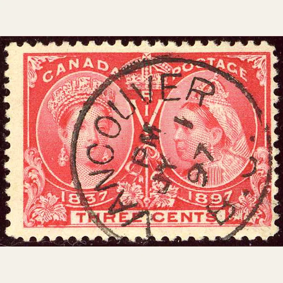 Genuine rose Canada three-cent Jubilee stamp scan with two Victoria portraits, dates 1837 and 1897 and a Vancouver circular cancellation
