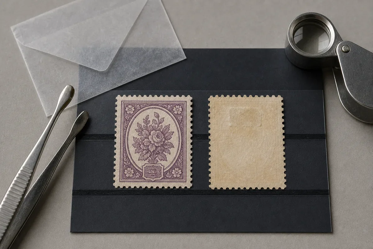Front and reverse of two fictional floral stamps on a black stock card beside tongs, a loupe, and a glassine envelope