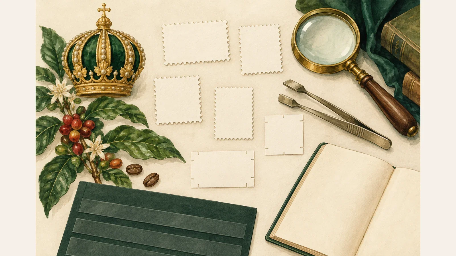 Generated watercolor of an imperial crown, coffee branch, blank papers and collector tools, not actual stamp specimens