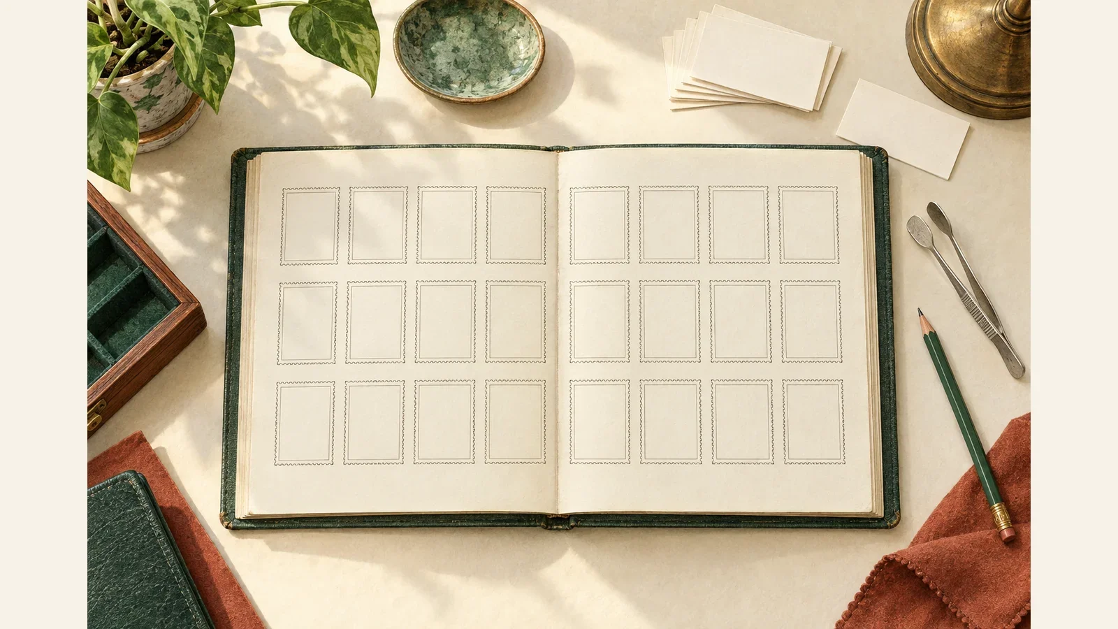 Generated collecting illustration of an empty album checklist, tongs and blank index cards, not stamp specimens