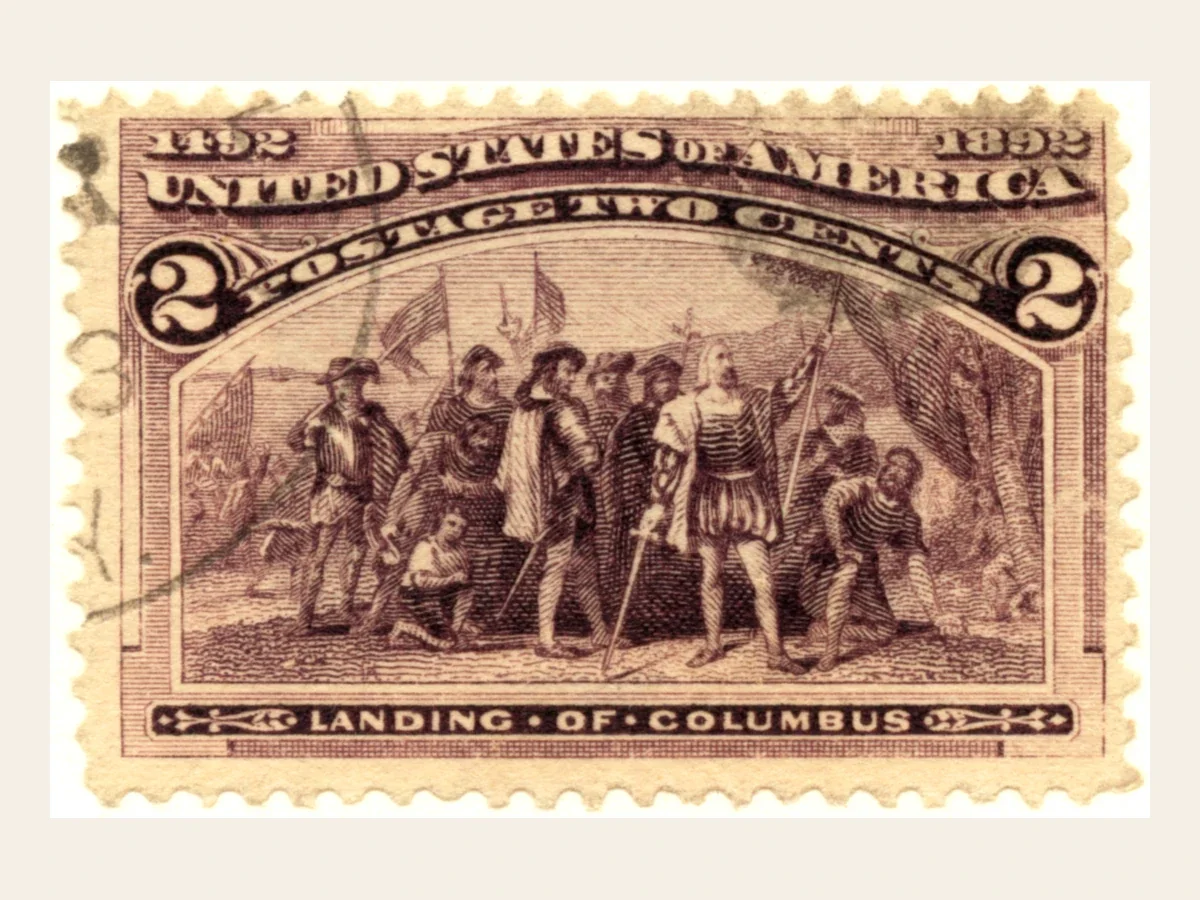 Genuine used brown-violet 2-cent Landing of Columbus scan with 1492 and 1892 dates and a largely visible central scene