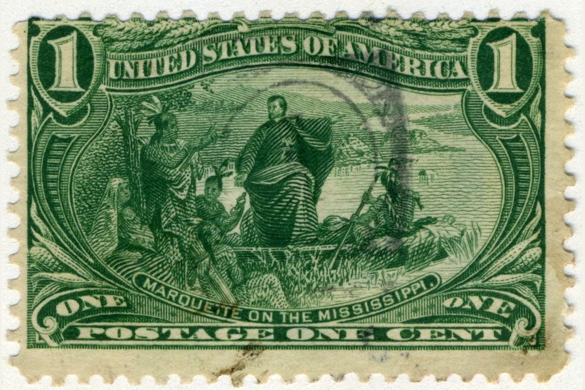 Used green 1898 United States 1-cent Trans-Mississippi stamp showing Marquette on the Mississippi, with all perforated edges visible