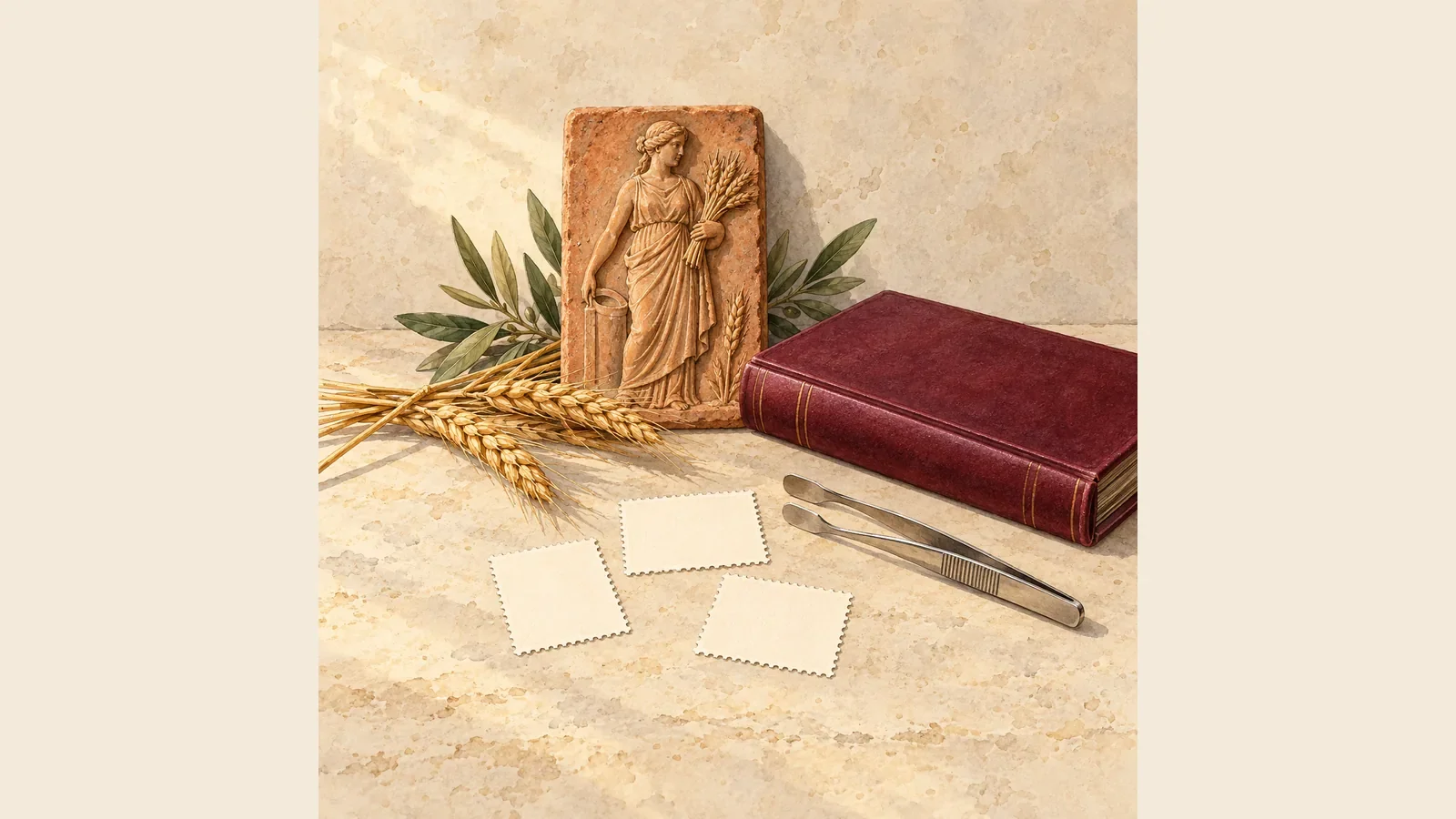 Illustration générée d’un relief imaginaire de déesse des moissons, de blé, d’un album bordeaux, de pinces et de papier dentelé vierge, et non de spécimens de timbres Ceres