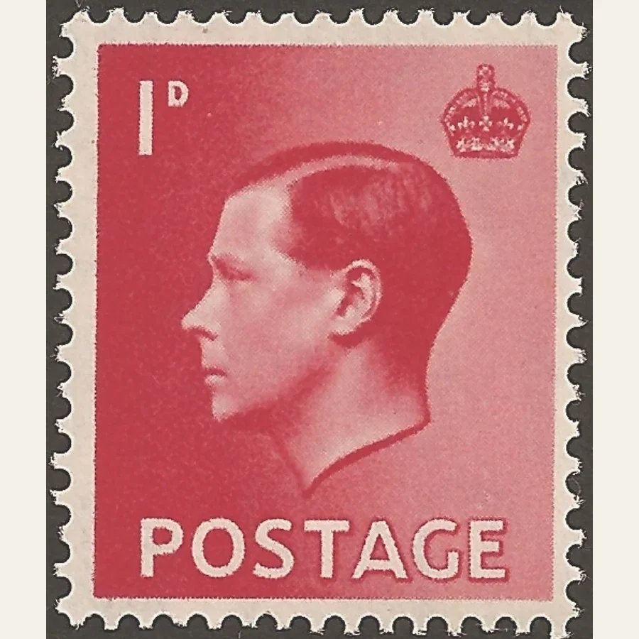 Echter Scan einer roten britischen Edward-VIII-Einpennymarke von 1936 mit Linksporträt, Krone und vollständig sichtbarer Zähnung