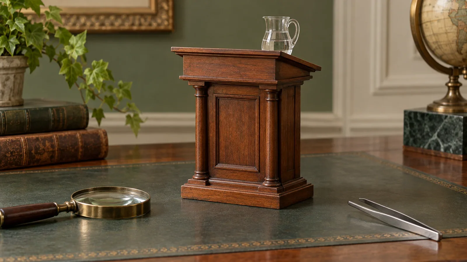 Generated editorial illustration of a wooden speaker's lectern and collecting tools, with no stamp specimens