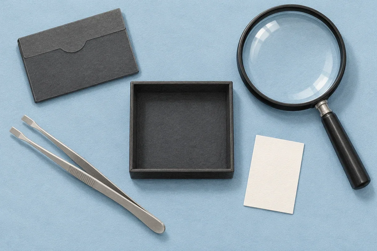 Generated illustration of a collector inspection workspace with a magnifier and blank inventory notes