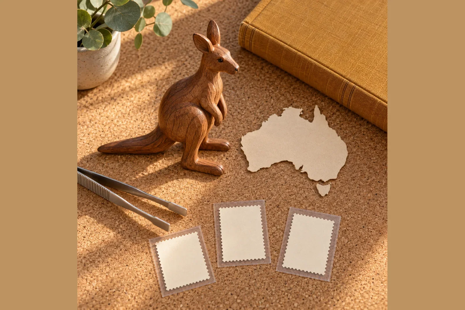 Original illustration of a wooden kangaroo, blank paper map of Australia and collecting tools on cork