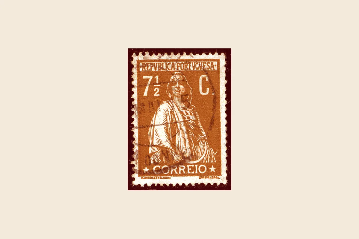 Scan d’un timbre Ceres oblitéré du Portugal continental portant 7 1/2 C, REPUBLICA PORTUGUESA et CORREIO