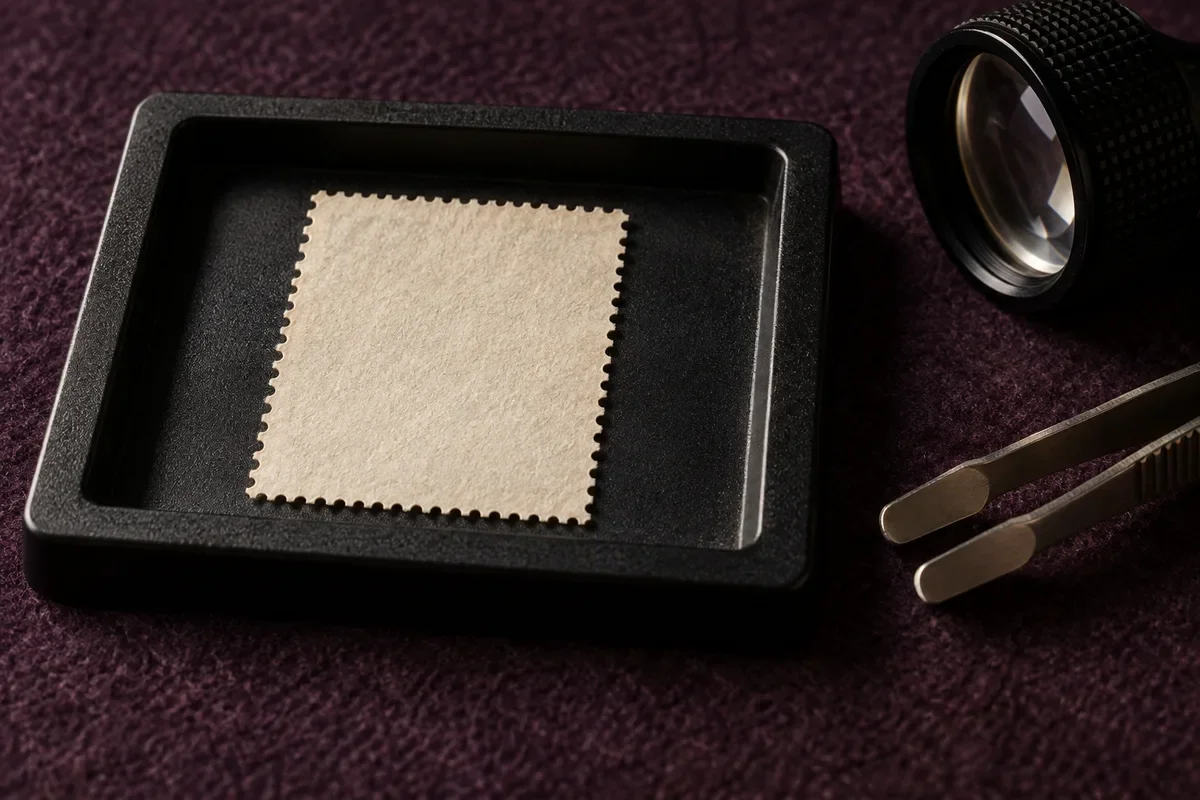 Original illustration of blank perforated paper in a dry black tray beside a loupe and tongs