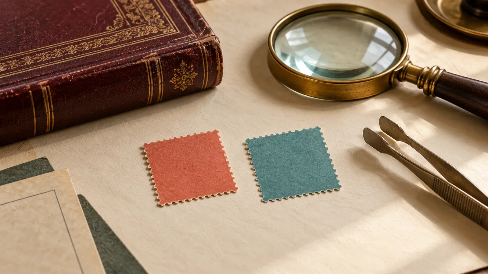 Illustration of a burgundy album, magnifier and blank vermilion and green paper forms, not actual Jubilee stamps