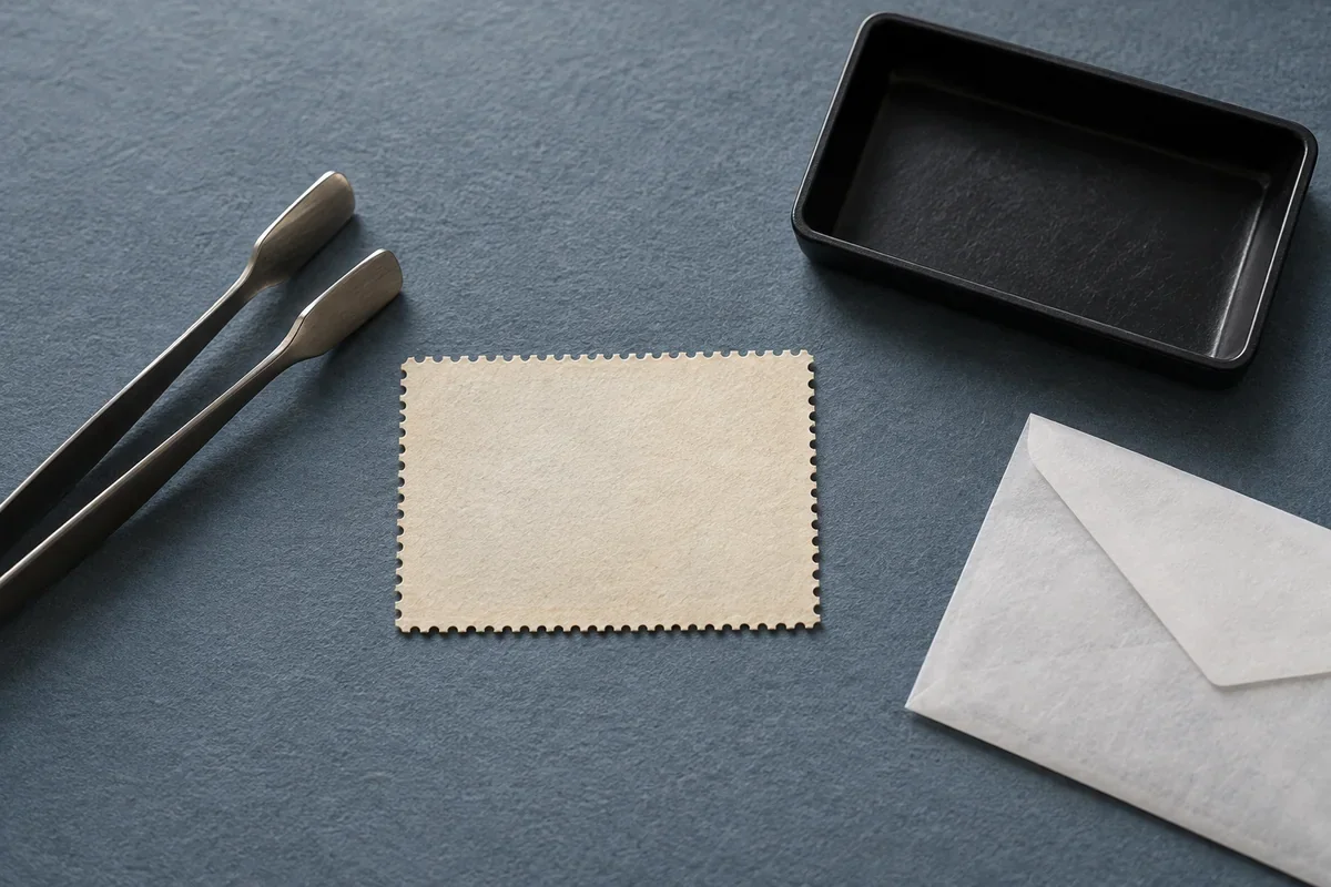 Generated illustration of blank perforated paper beside a dry black tray and stamp tongs