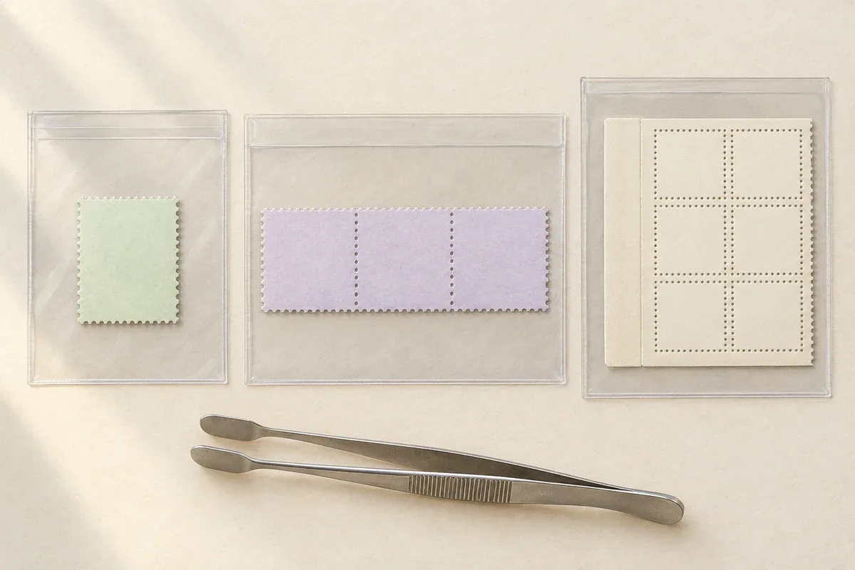 Generated illustration of blank paper single, connected strip and booklet-pane diagram in separate sleeves