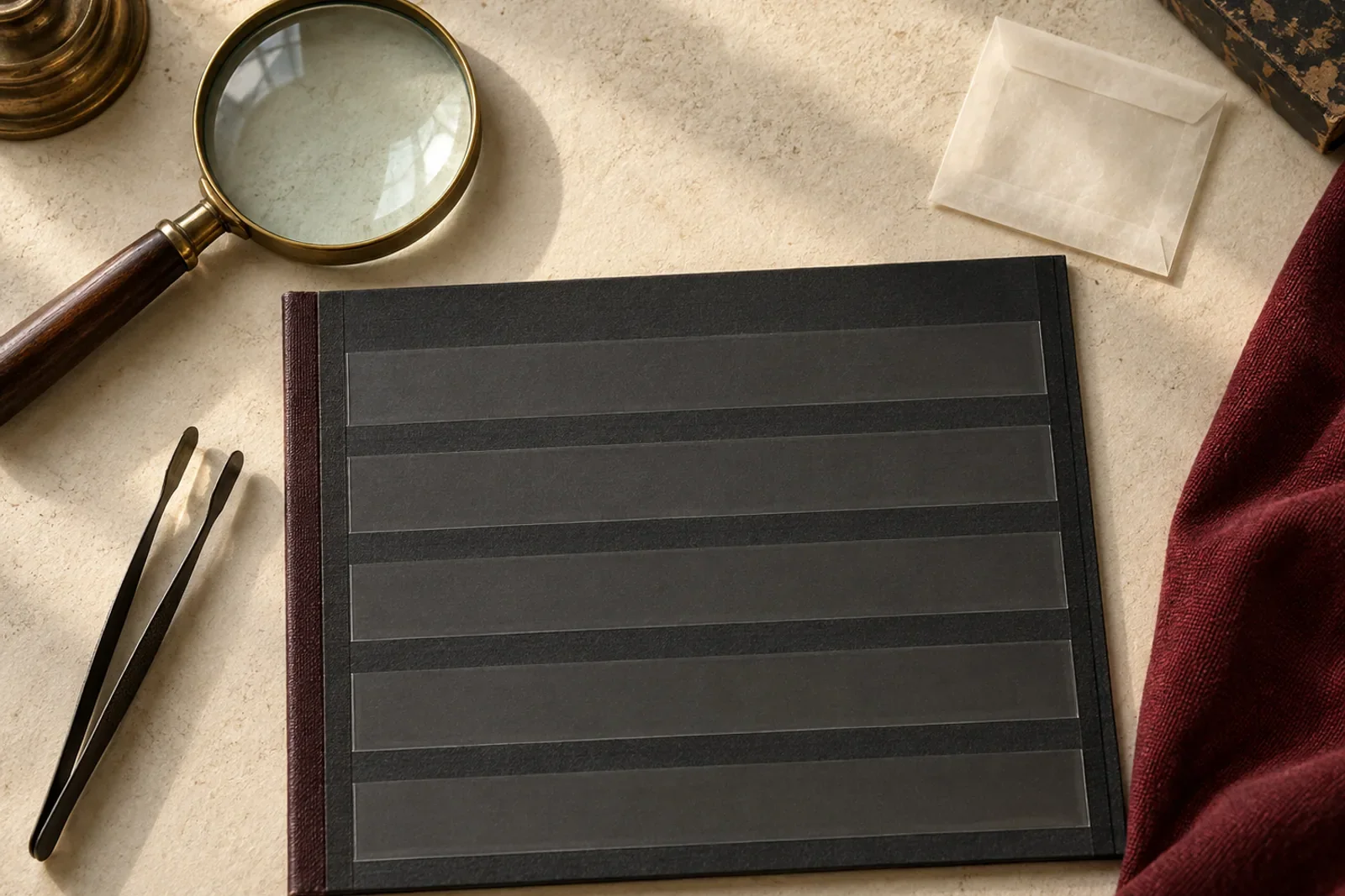 Generated illustration of an empty stockbook, tongs, magnifier and blank envelope; no historical stamp is depicted