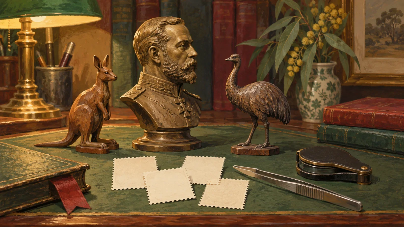 Original illustration of a monarch bust, kangaroo and emu figures with blank perforated paper, not genuine stamp specimens