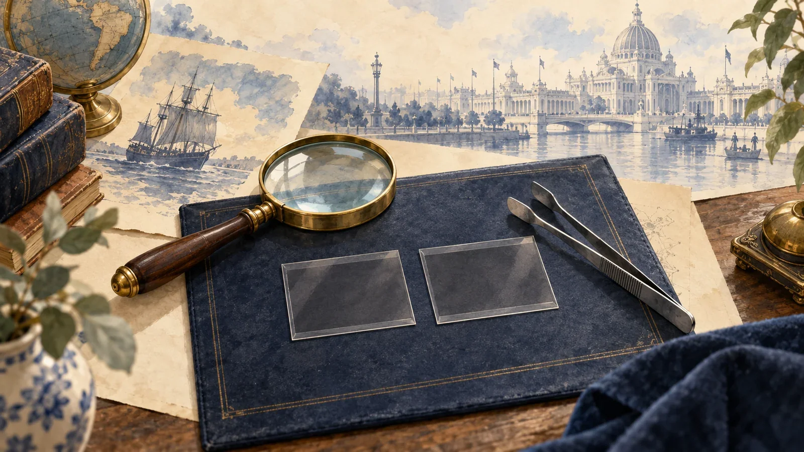 Generated watercolor illustration of empty stamp mounts, tongs and a magnifier beside imagined sailing ship and exposition drawings, not stamp specimens
