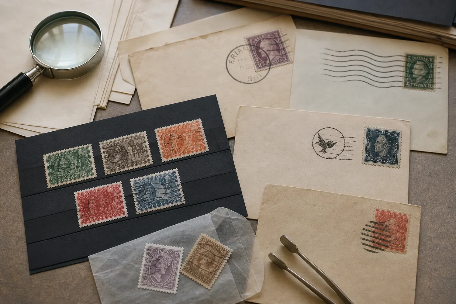 Fictional vintage stamps and covers showing circular, barred, wavy machine and pictorial-style cancellation marks beside collector tools