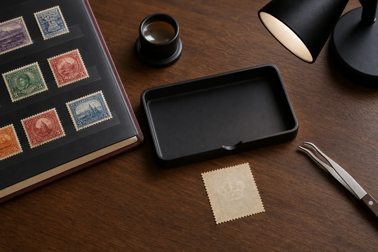Fictional vintage stamp shown face down beside a black watermark tray, tongs, magnifier, album, and task light