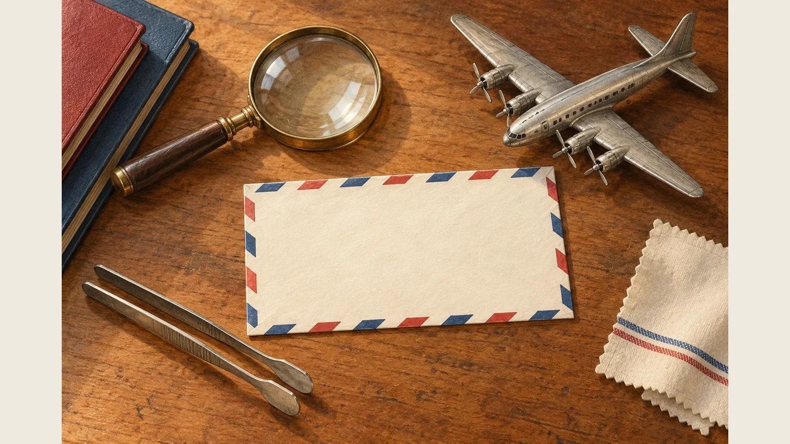 Generierte Illustration eines unbeschrifteten Luftpostumschlags mit Sammlerwerkzeug und viermotorigem Flugzeugmodell, ohne echte Marken
