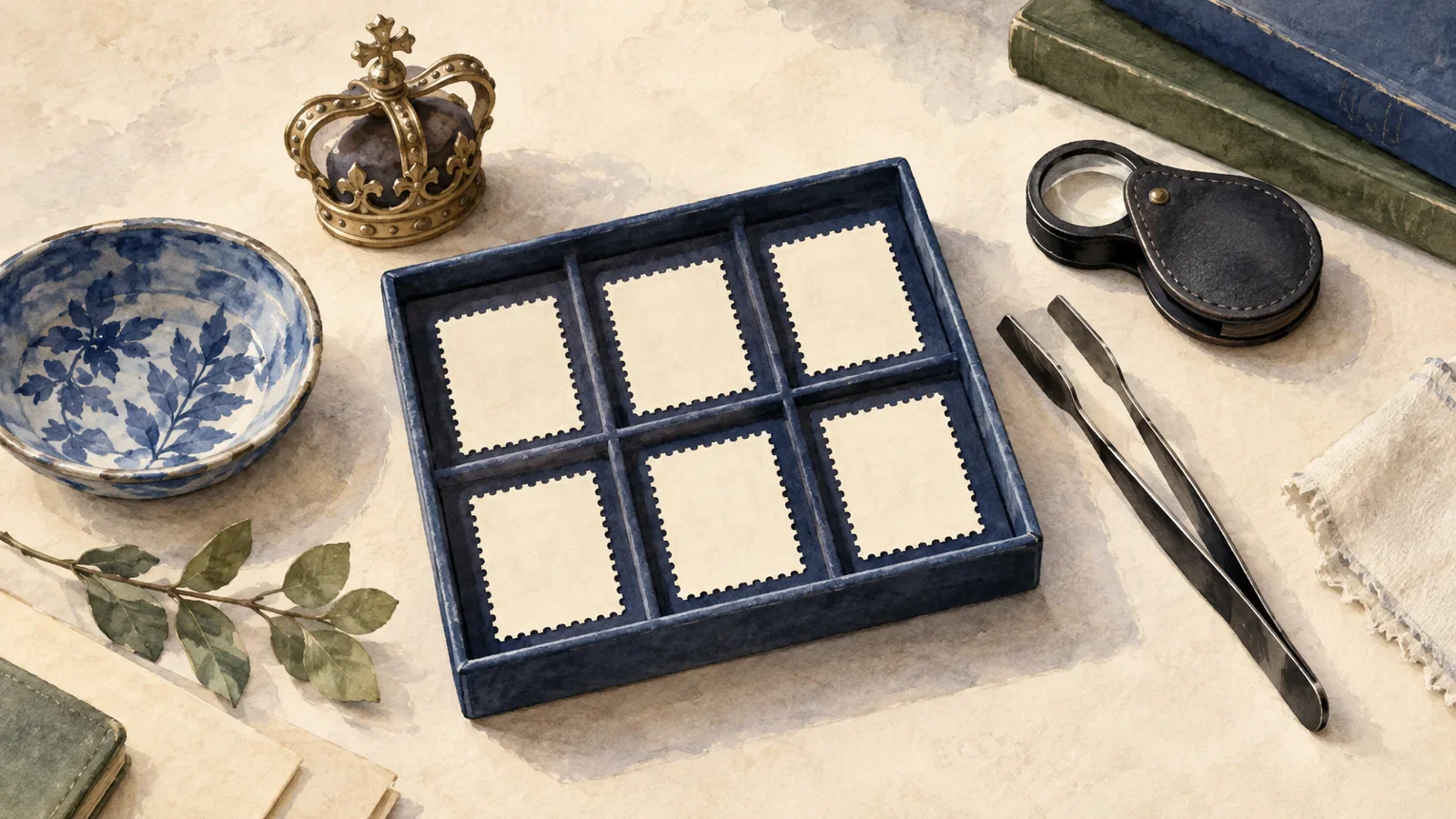 Generated watercolor of blank perforated papers in an archival tray beside a crown ornament and collector tools, not actual stamps
